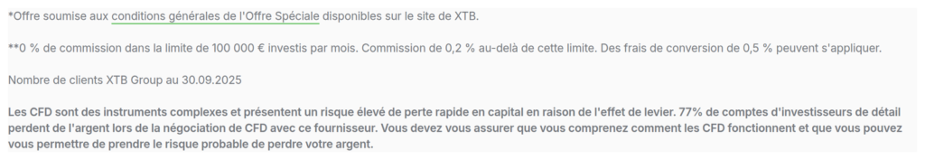Avertissement de XTB indiquant que 77 % des comptes d’investisseurs de détail perdent de l’argent sur les CFD