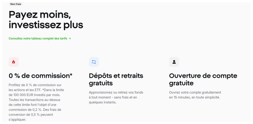 Section « Nos frais » de XTB indiquant 0 % de commission jusqu’à 100 000 euros par mois